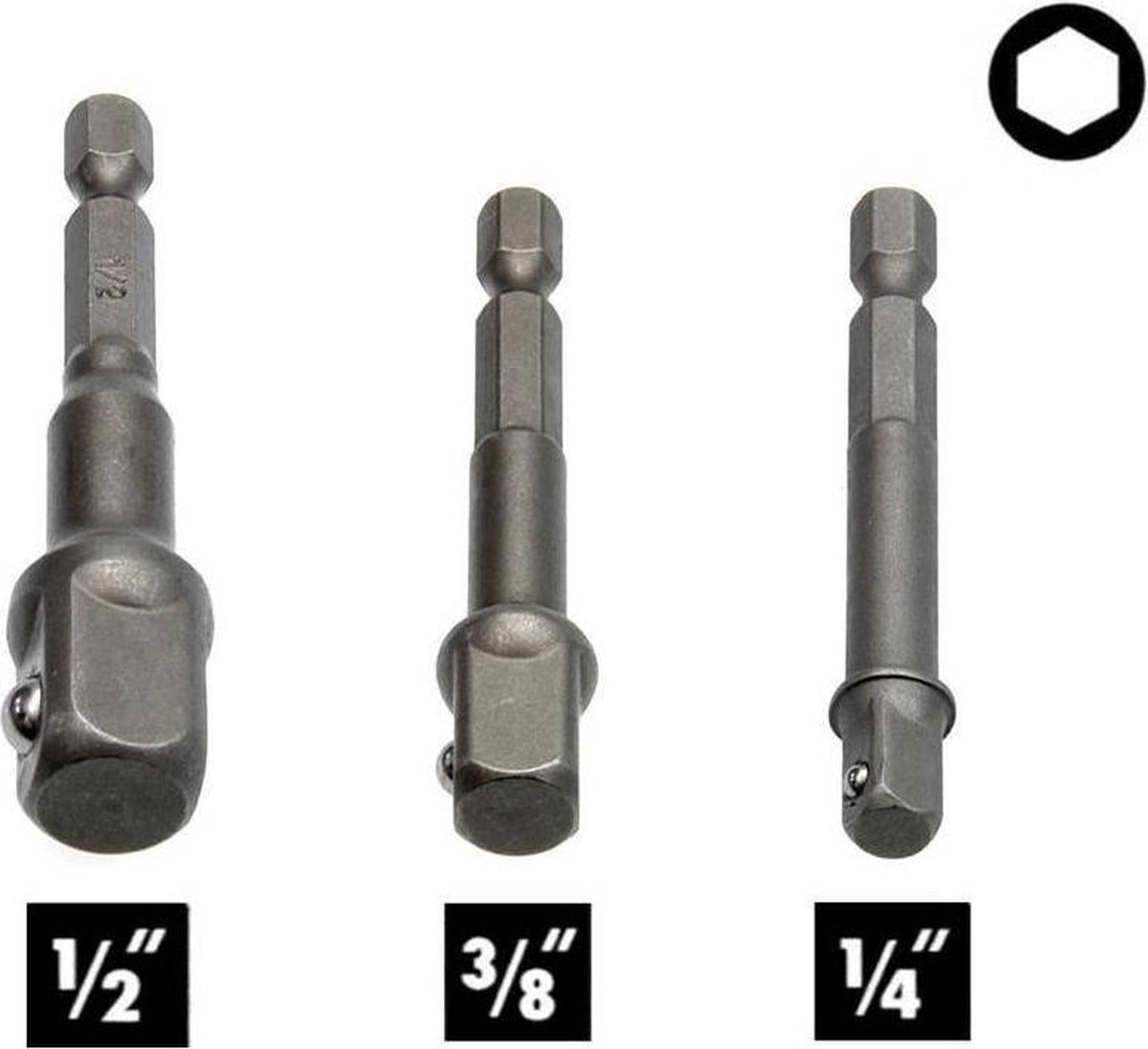 Han-Bar® 3-delige Bitadapter & Dophouder Set – 1/4" | 3/8" | 1/2" – Universeel – Staal
