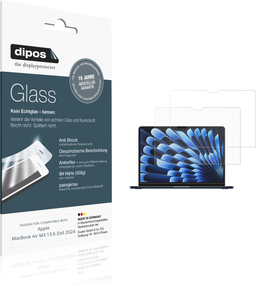 dipos – 2x Matte Pantserfolie geschikt voor Apple MacBook Air M3 13.6 Zoll 2024 | 9H Screenprotector