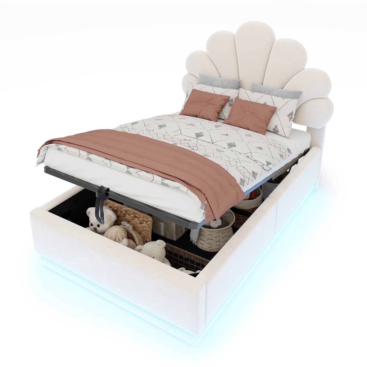 Merax Eenpersoonsbed 90x200 cm - Gestoffeerd Bed van Fluweel - Bed met Opbergruimte - Bloemvormig Hoofdbord - LED Verlichting - Beige