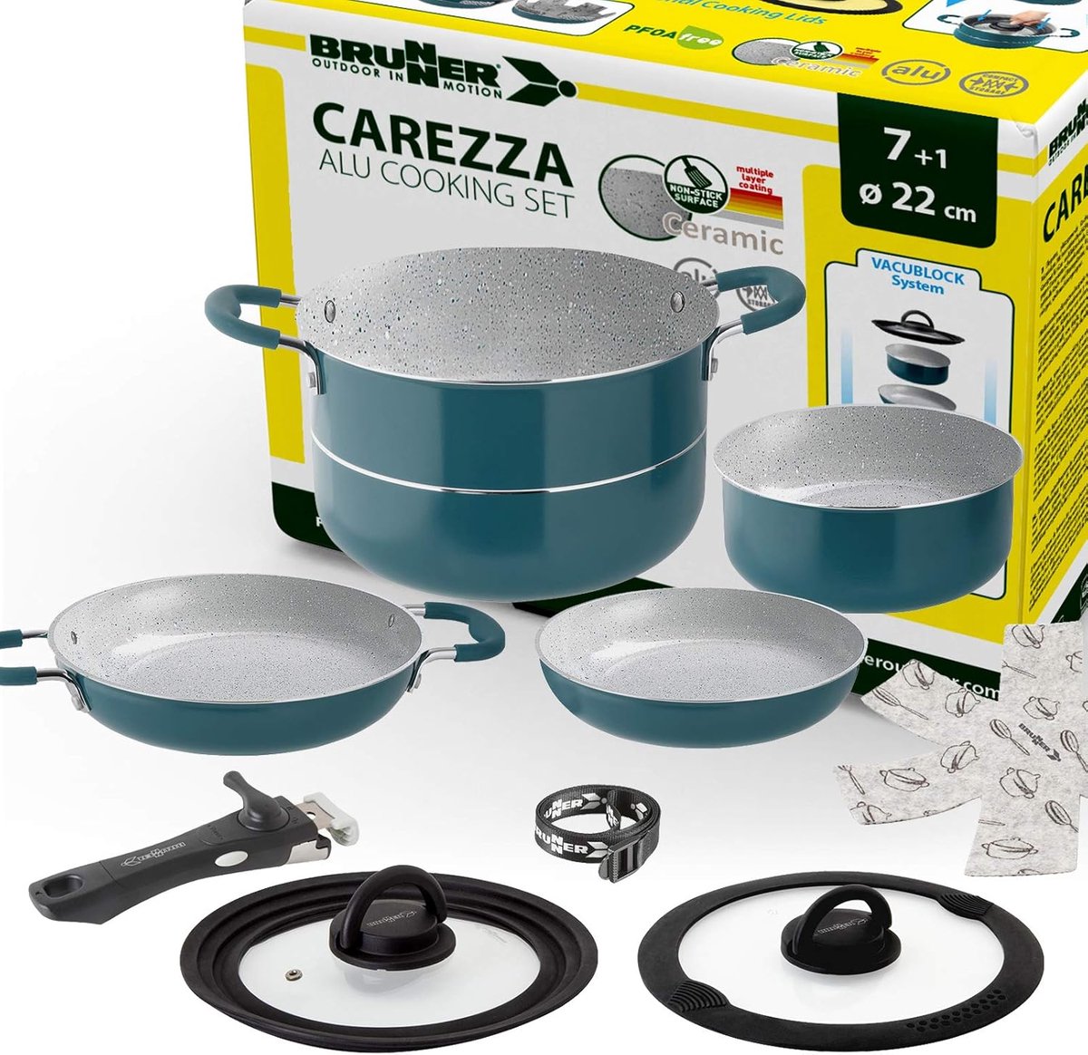 Brunner Carezza - Camping Pannenset - Ø22 cm - 7+1 Delig - Stapelbaar - Vacublock - Aluminium - Campingkookset - PFOA Vrij