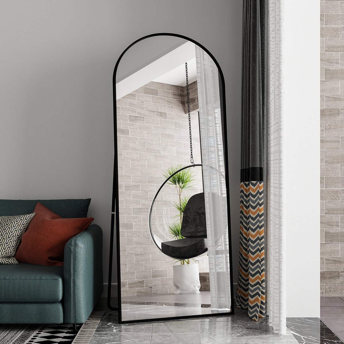 Staande spiegel 180x80 cm, boogvormige full-body spiegel van gehard glas, make-up spiegel met aluminium frame, passpiegel voor slaapkamer en hal, antislipvoet, zwart