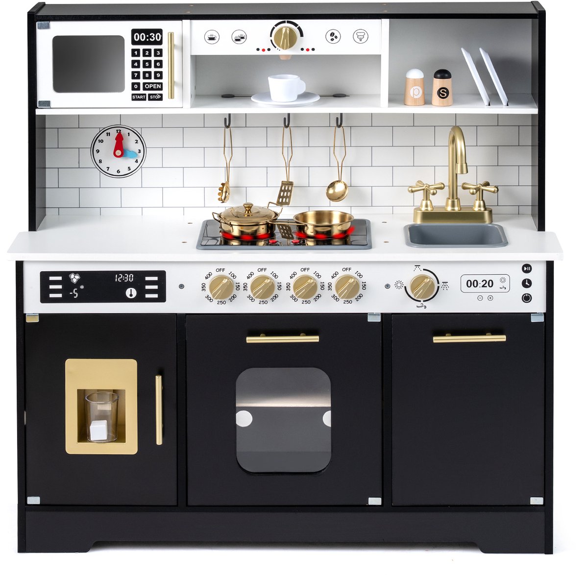 COSTWAY Kinderkeuken met licht en geluid, speelkeuken van hout met fornuis, gootsteen, oven, ijsmachine, magnetron, koffiezetapparaat, houten keuken incl. 14 accessoires, speelgoedkeuken voor kinderen