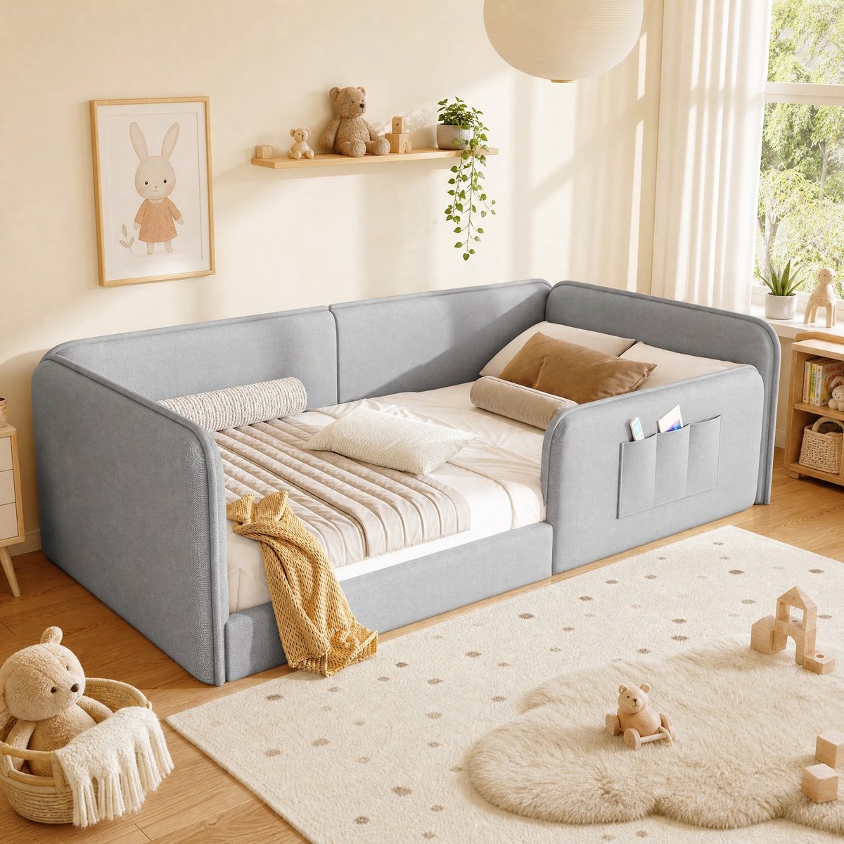 DESMIU Bedframe 90x200cm – Zacht Linnen Bed Met Veiligheidsrand En Opbergtasjes – Voor Kinderen En Jongeren – MDF En Stof – Grijs Zonder matras
