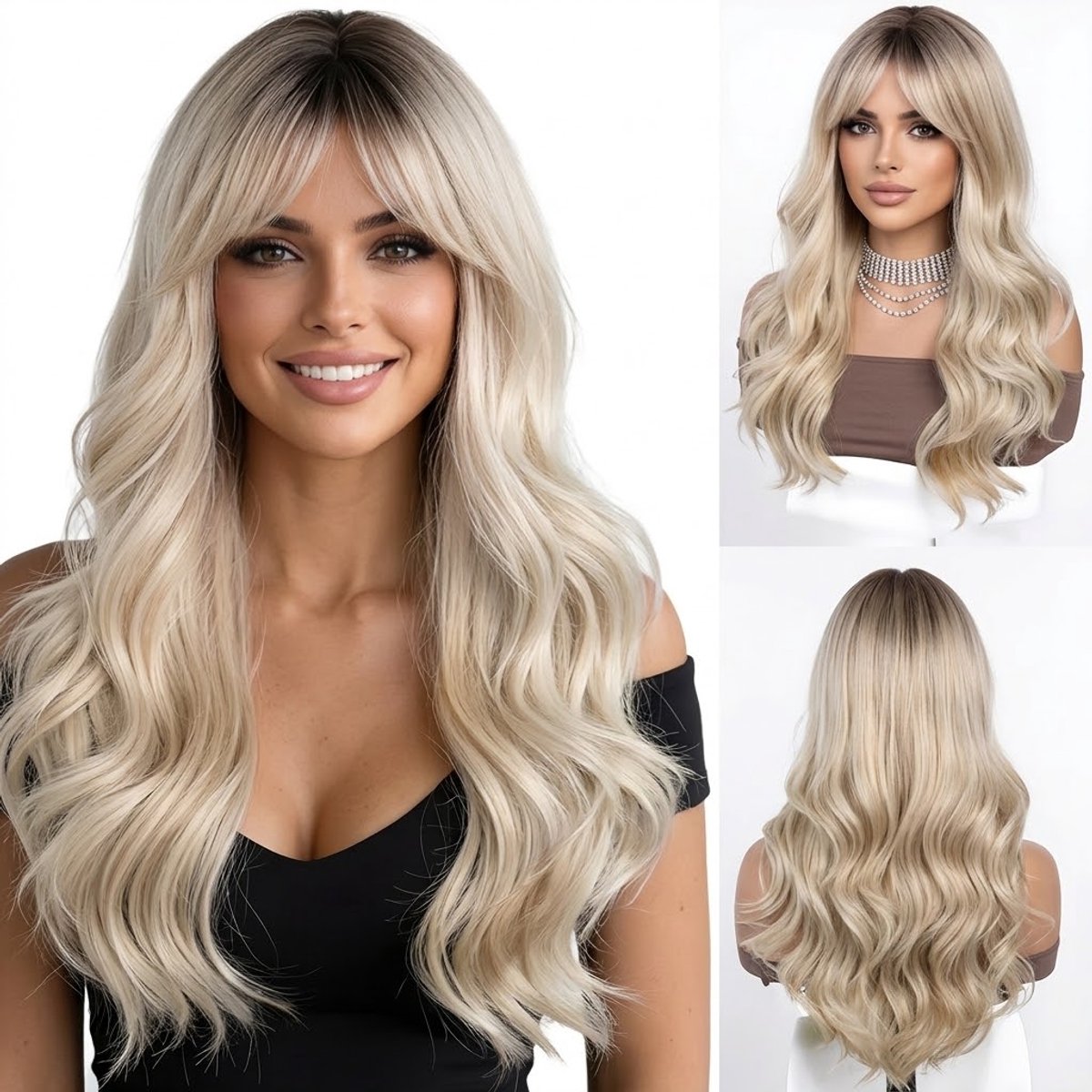 Nifkos Luxe Pruik Blond met Donkere Aanzet – Lang Golvend Haar met Curtain Bangs / Pony – Asblond Ombré – Hittebestendige Synthetische Vezel – Ademende & Verstelbare Cap – Dames Wig
