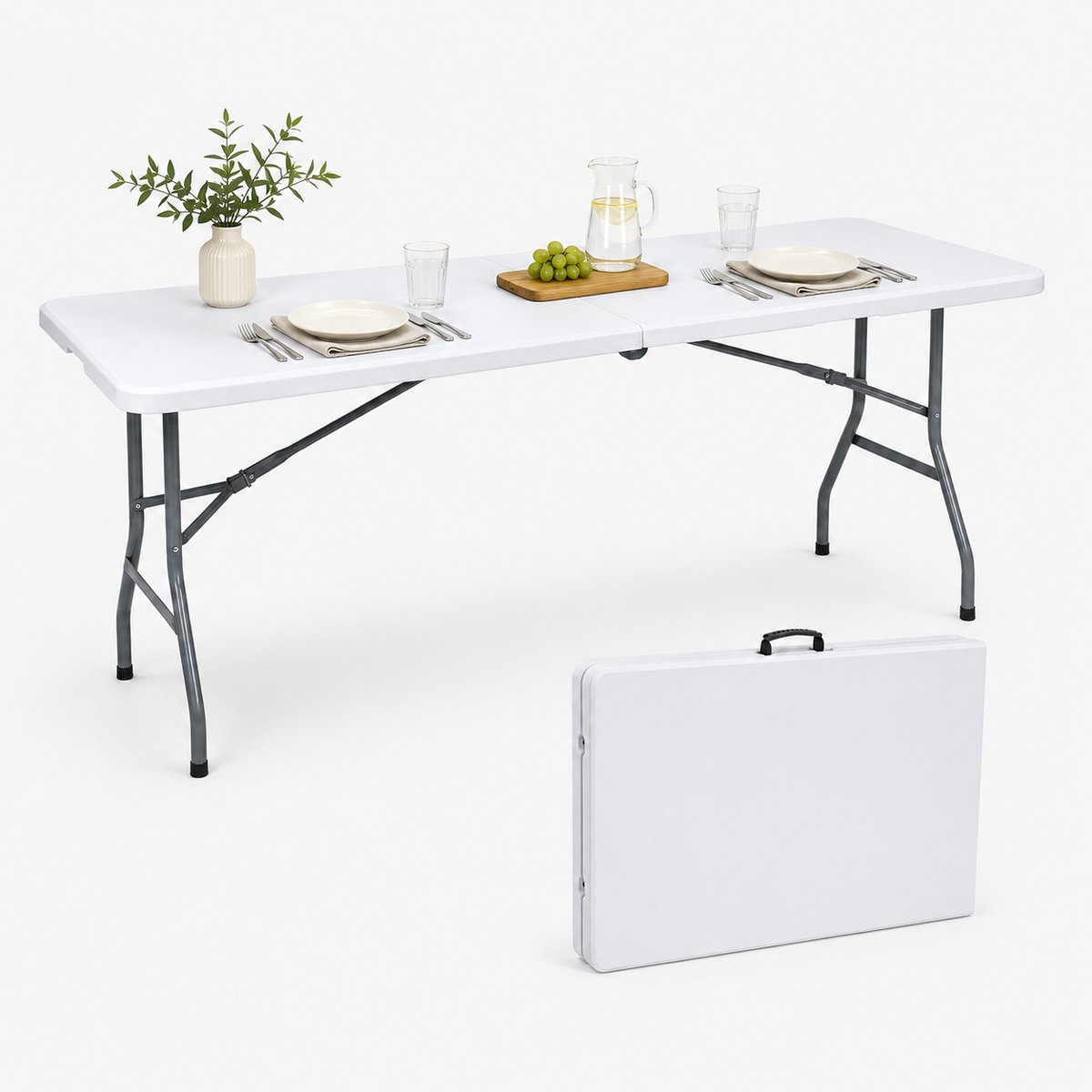 Campingtafel Klaptafel - Inklapbare tafel - Opvouwbare Tuintafel - Weerbestendig - Inclusief handvat - 180x70x74 (Wit)