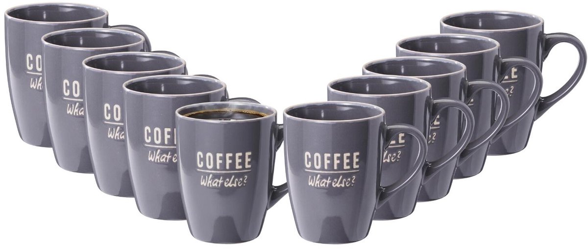 Siaki koffie kopjes Barista Cafe - 10x stuks - donkerblauw - 220 ml - mokken - keramiek - 10 cm - met koffie thema teksten
