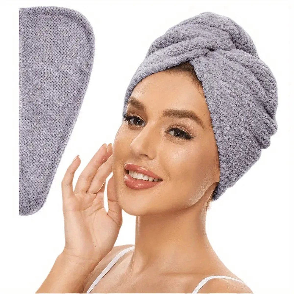 Casalora 2 Stuks Absorberende Haarhanddoek voor Dames – Getextureerde Droge Haarkap, Effen Kleur Grijs, Wikkel met Knopsluiting – 65x25.5 cm