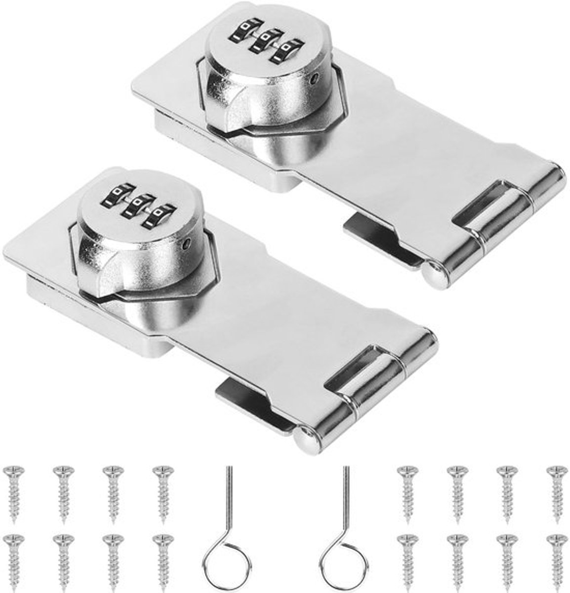 EXLECO 2 x grendelkast met slot, combinatie, sluiting, Hasp, roestvrijstalen grendel met hangslot, deurslot, hangslot met sluiting, val met slot, voor kast, lade, zilver