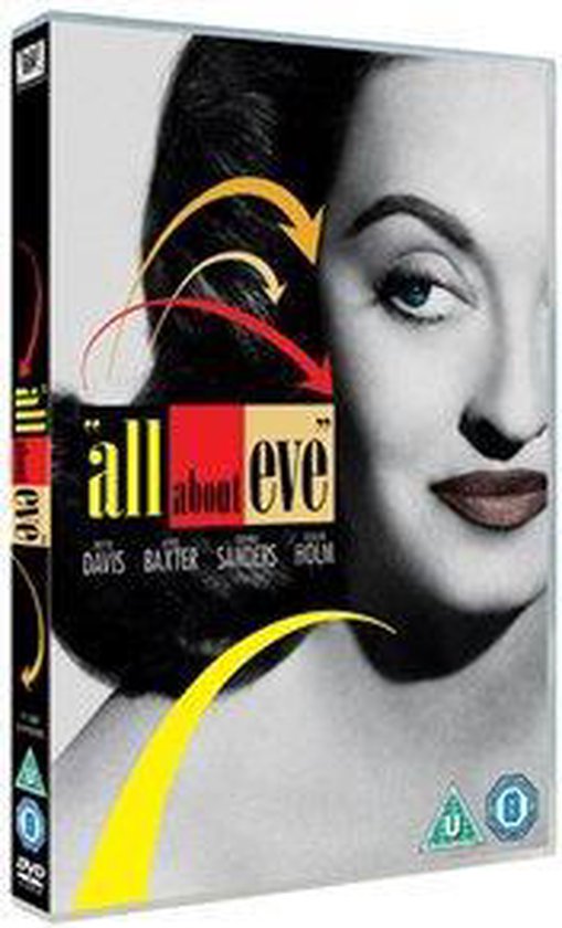 DVD-hoes van 'All About Eve' met een zwart-witfoto van Bette Davis, met de titel in rode en gele letters.