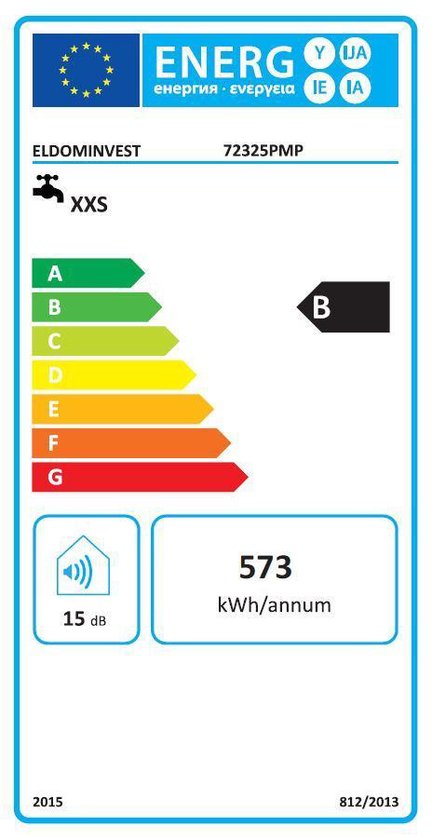 Energie-etiket van de Eldom 72325PMP boiler, met een B-label, een geluidsniveau van 15 dB en een jaarlijks verbruik van 573 kWh.