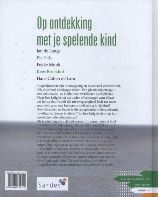 Boekomslag met titel 'Op ontdekking met je spelende kind' en namen van de auteurs. Boek gaat over de ontwikkeling van kinderen.