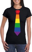 Zwart t-shirt met regenboog vlag stropdas dames XL
