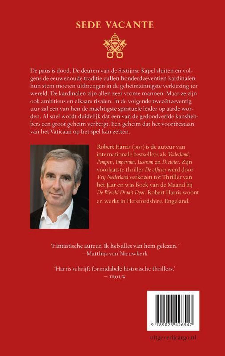 Achterkant boek met tekst: SEDE VACANTE. Foto van Robert Harris.