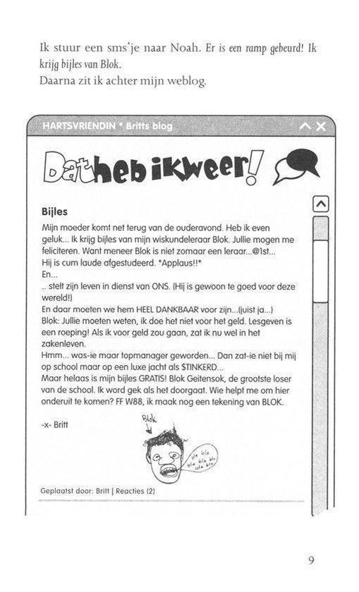 Een screenshot van een blogbericht met de titel 'Dat heb ik weer!'. Het bericht bevat een getekende karikatuur van een jongen met de tekst 'Blok'.