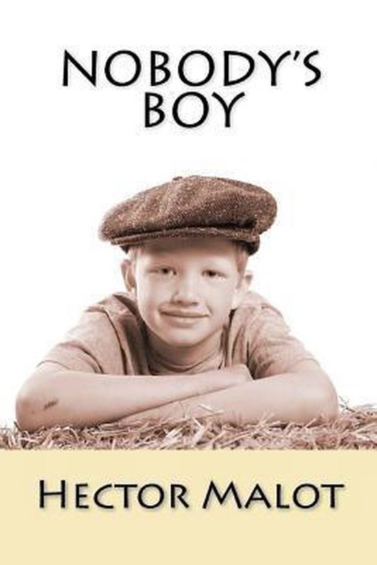 Jongen met platte pet ligt op stro, met de tekst 'NOBODY'S BOY' en 'HECTOR MALOT'.