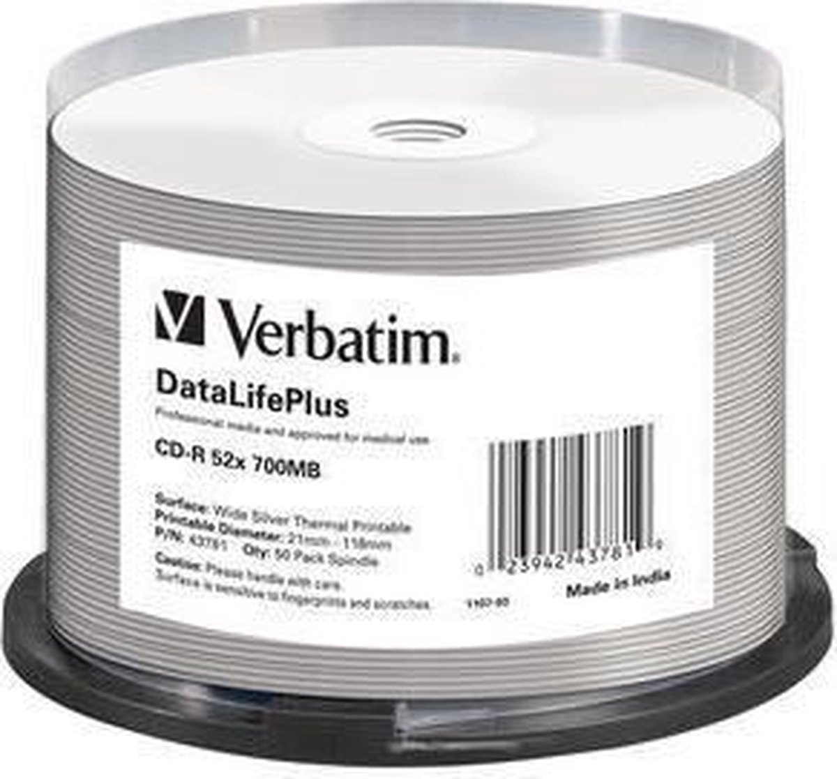 Verbatim CD-R wide silver thermal printable 700MB 52x speed (43781). Cakebox van 50 stuks.
