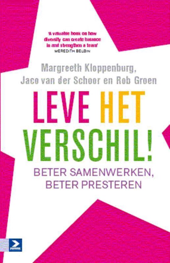 Boekomslag met felroze sterren en de titel 'LEVE HET VERSCHIL!' in grote, kleurrijke letters. Daaronder 'BETER SAMENWERKEN, BETER PRESTEREN'.