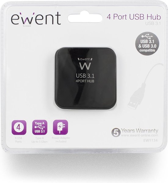 EWENT - Ewent EW1134 USB HUB USB 3.1 4x (up to 5 Gbps) incl power adapter -  EW1134 | bol.com