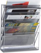 Relaxdays tijdschriftenrek muur - lectuurrek wand A4 - tijdschriftenhouder - 6 vakken - zilver