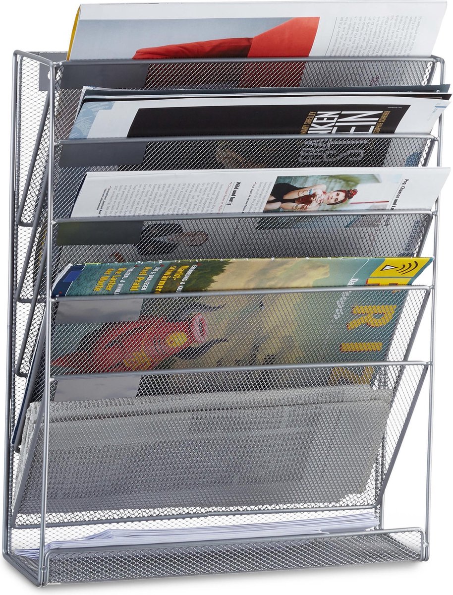 Relaxdays tijdschriftenrek muur lectuurrek wand A4 tijdschriftenhouder 6 vakken zilver
