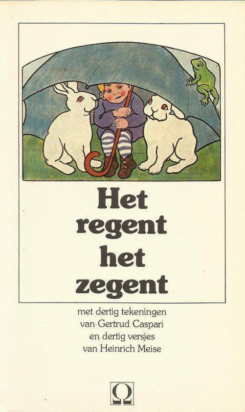 Een kind zit onder een paraplu met twee konijnen. Titel: Het regent het zegent.