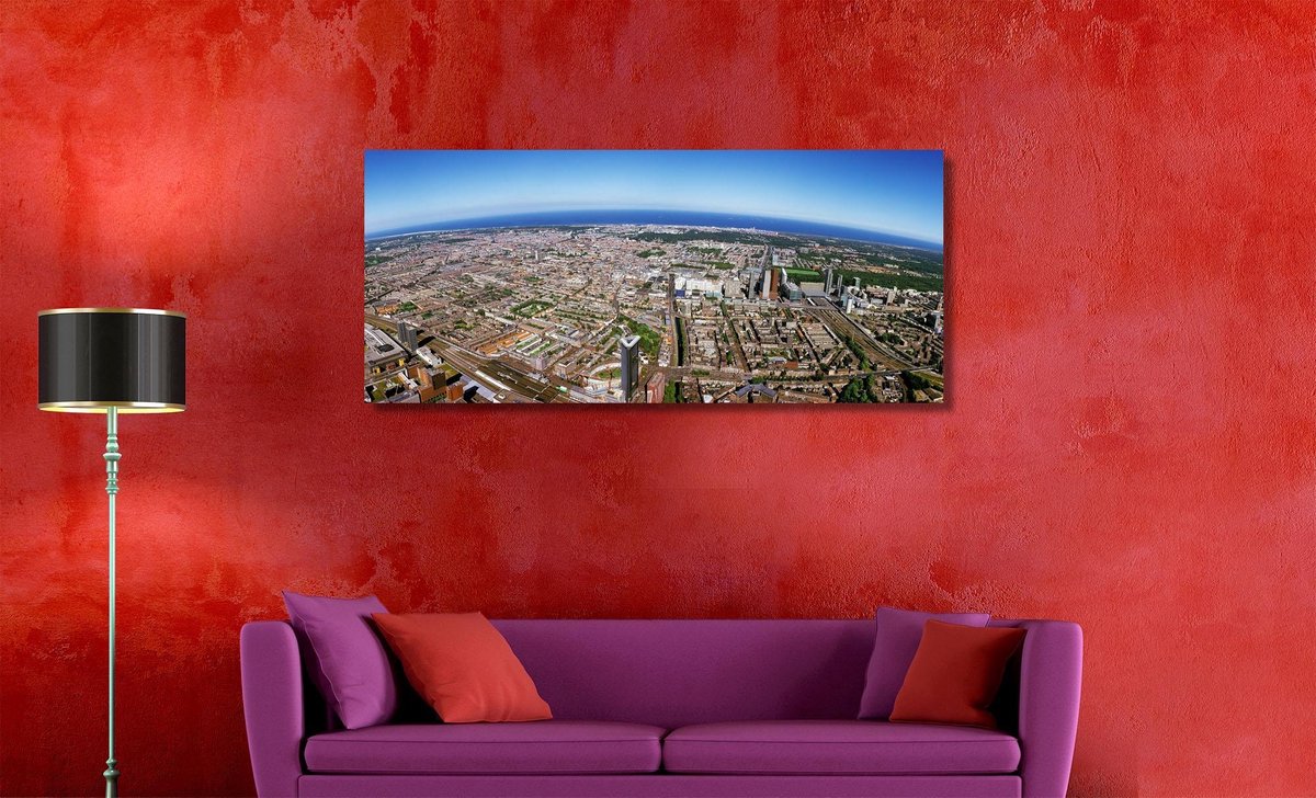 Den Haag in Panorama | 120 x 50 cm | Foto op Canvas | Luchtfoto | Wanddecoratie | Skyline | Bijzonder Gedetailleerd | 's-Gravenhage