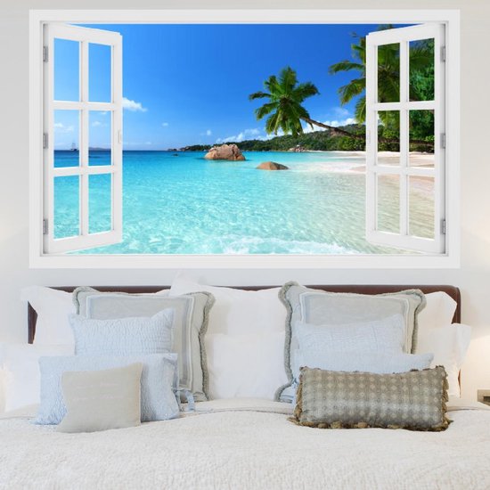 Autocollant 3D de plage | Mur | Tridimensionnel | Palmiers | Stickers muraux | Île | Sable | Sol | Soleil | Vacances | Nature | Mer | pièce | Fenêtre