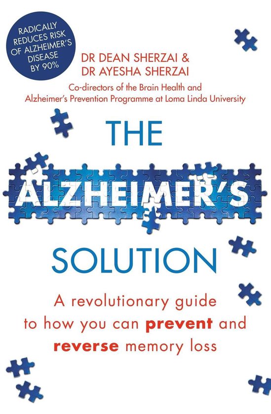De kaft van het boek "The Alzheimer's Solution", met een blauw puzzelpatroon en de tekst "Radically reduces risk of Alzheimer's disease by 90%".