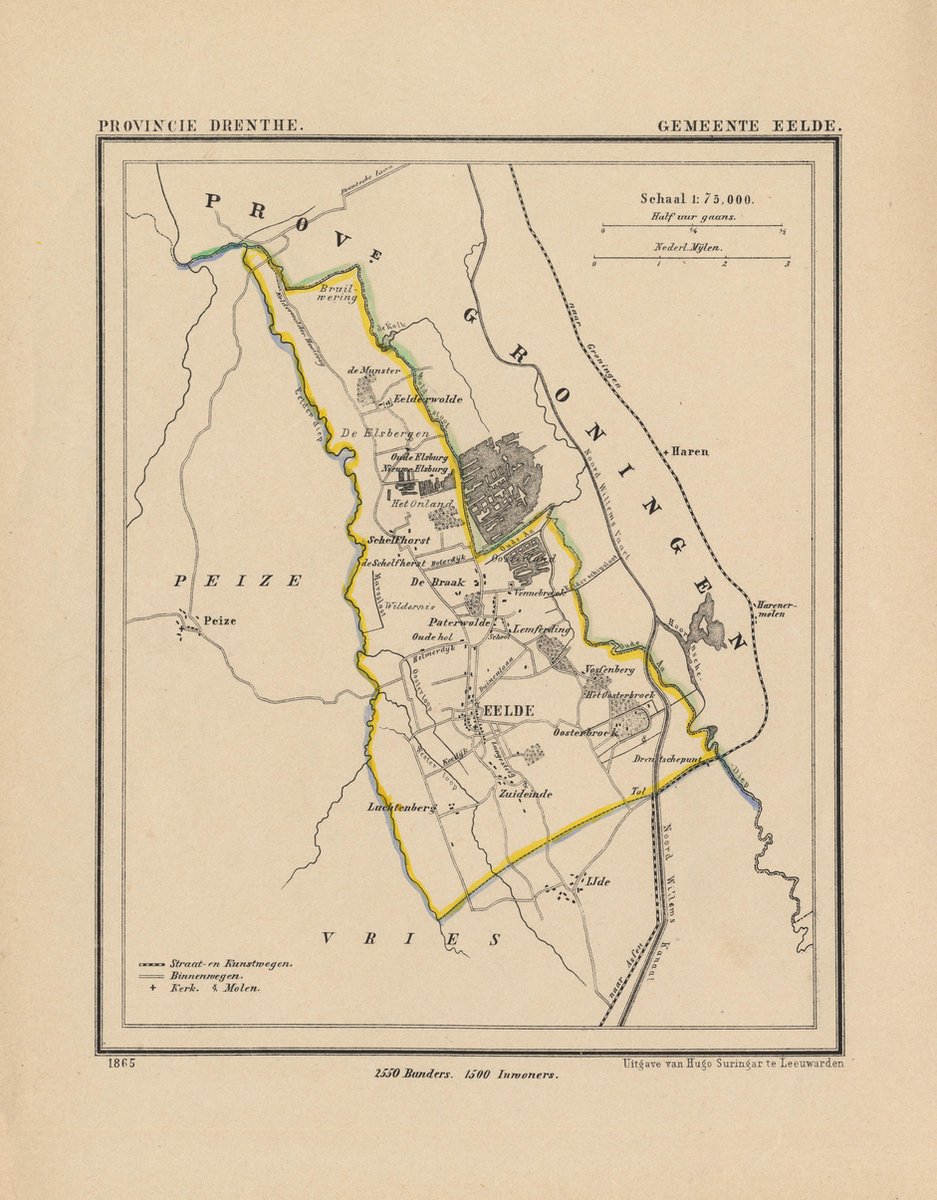 Historische kaart, plattegrond van gemeente Eelde in Drenthe uit 1867 door  Kuyper van... | bol.com