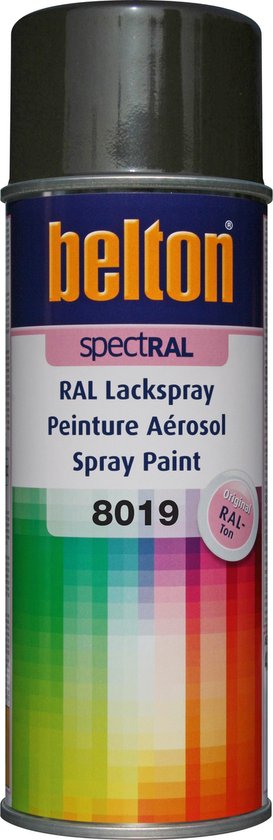 Spuitbus met 'belton spectral' logo, RAL 8019 Grijsbruin, met kleurstaal.