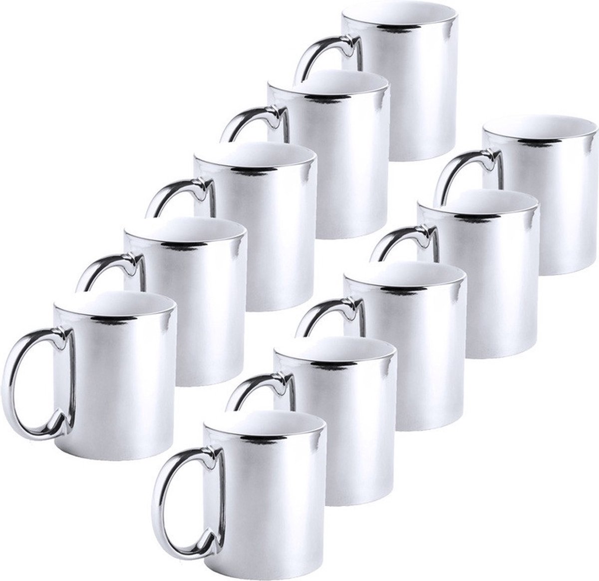 10x Metallic zilveren koffiebekers/theemokken keramisch 350 ml - Servies - Bekers/mokken