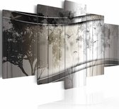 Schilderij - Bomen en vogels abstract, 5 luik, Beige/Grijs, 2 maten, Premium print