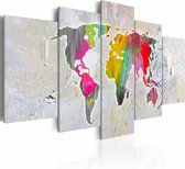 Schilderij - Wereldkaart - Illustratie van de Wereld, 5luik , multikleur , wanddecoratie , premium print op canvas
