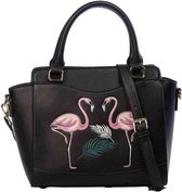 Banned Dancing Days Handtas FLAMINGO HANDBAG Zwart - Geborduurde Flamingo's - Optimaal formaat - (bxhxd) ca. 26cm x 25cm x 8,5cm