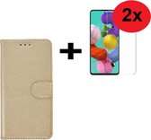 Geschikt voor Samsung Galaxy A71 / A71s Hoes Wallet Book Case Cover Pearlycase Goud + 2X Screenprotector Tempered Gehard Glas 2 stuks