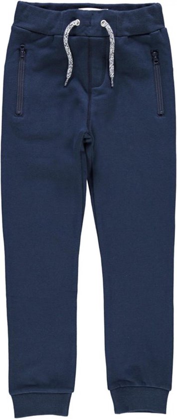 Donkerblauwe joggingbroek met trekkoord en ritszakken.