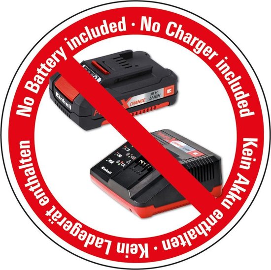 Rode cirkel met witte tekst 'No Battery included · No Charger included' en doorstreepte accu en lader.
