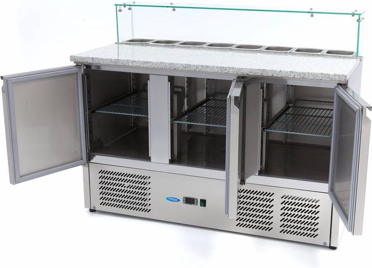 Pizzawerkbank - 137 cm - 3 Deuren - 8 x 1/6 GN - incl. Glazen Afdekking