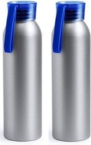 2x Aluminium drinkfles/waterfles met blauwe dop 650 ml - Sportfles - Sportbidon