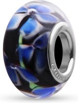Quiges Glazen Kraal Bedel - Zwart met Blauwe Bloemen - NG677