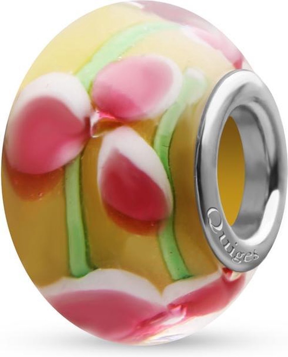 Quiges - Glazen - Kraal - Bedels - Beads Geel met Roze Bloemen Past op alle bekende merken armband NG2026 - Quiges