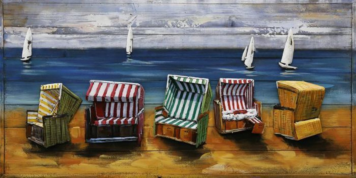 120 x 60 cm - Metaal & Hout - Vintage strandstoelen - 3D art Schilderij  Metaal en hout | bol.com