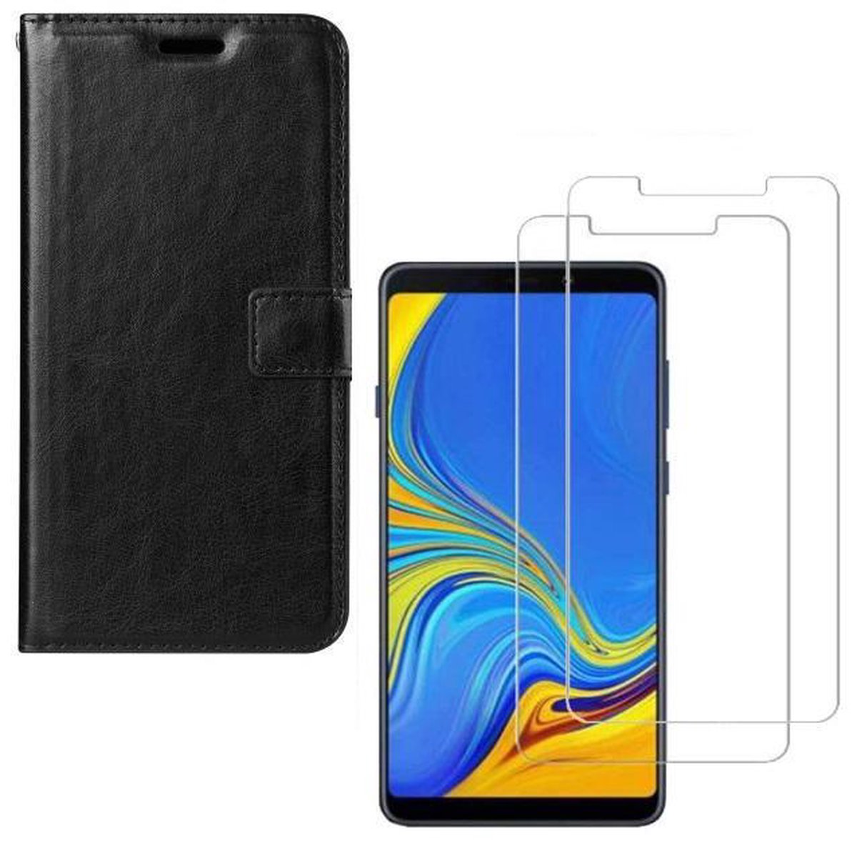hoesje Geschikt voor: Samsung Galaxy A7 2018 Portemonnee zwart met 2 stuks Glas Screen protector
