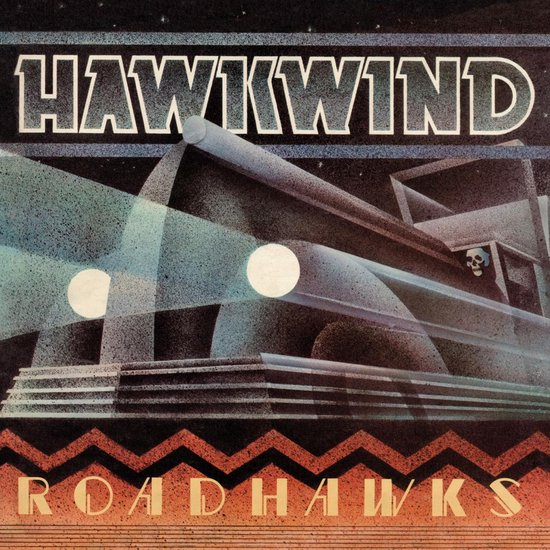 Hawkwind Roadhawks albumcover met een gestileerde vrachtwagen met twee koplampen die licht uitstralen op een sterrenhemel met een schedel op de zijkant.