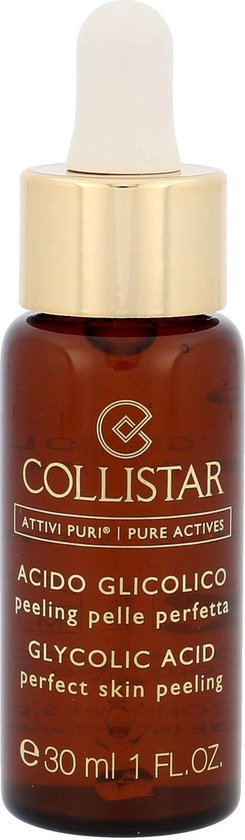 Bruine glazen fles met gouden dop, Collistar Attivi Puri Glycolic Acid, 30 ml.