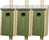 Set van 3 houten vogelhuisjes/nestkastjes met donkergroene voorzijde en metalen dakje 26 cm - Vogelhuisjes tuindecoraties
