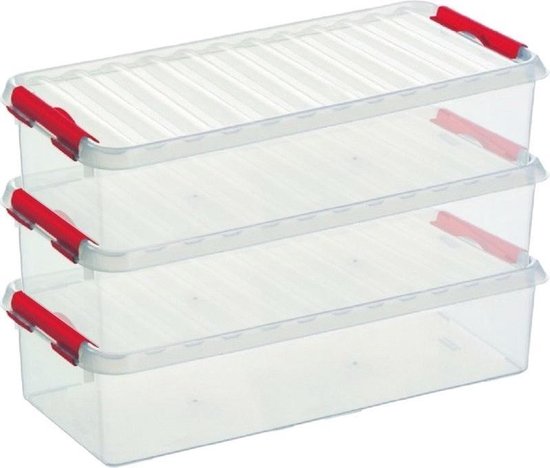 3x Sunware Q-Line boîtes de rangement / boîtes de rangement 6,5 litres 48,5 x 19 x 10,5 cm plastique - Boîte de rangement oblongue / étroite - Boîte de rangement plastique transparent / rouge
