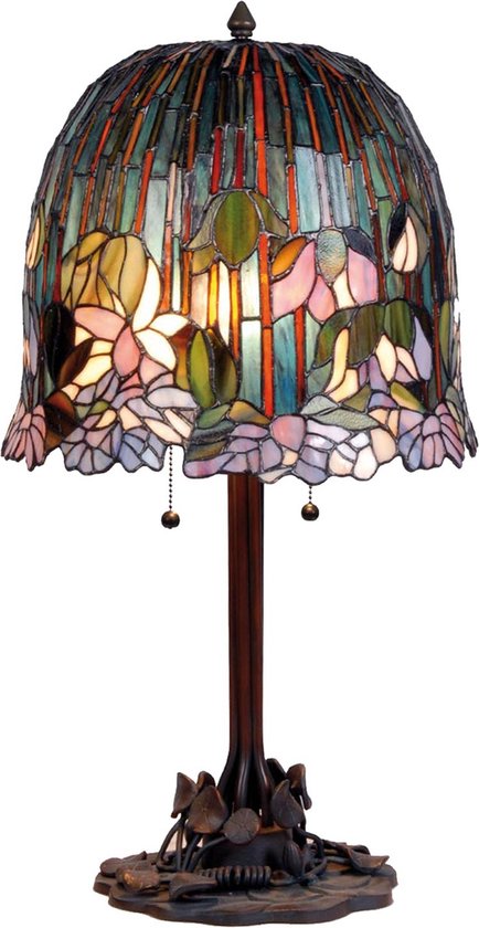 LumiLamp Tiffany Tafellamp Ø 35x68 cm Groen Roze Glas Bloemen Tiffany Bureaulamp
