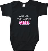 Rompertjes baby met tekst - Who run the world, Girls - Romper korte mouw Zwart Maat 74/80 - Kraam cadeau - Babygeschenk - Romper