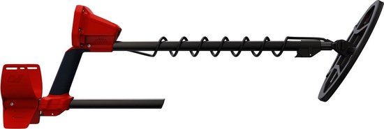 Minelab Vanquish 340 metaaldetector, rode en zwarte kleurstelling, weergave van de zijkant op witte achtergrond.